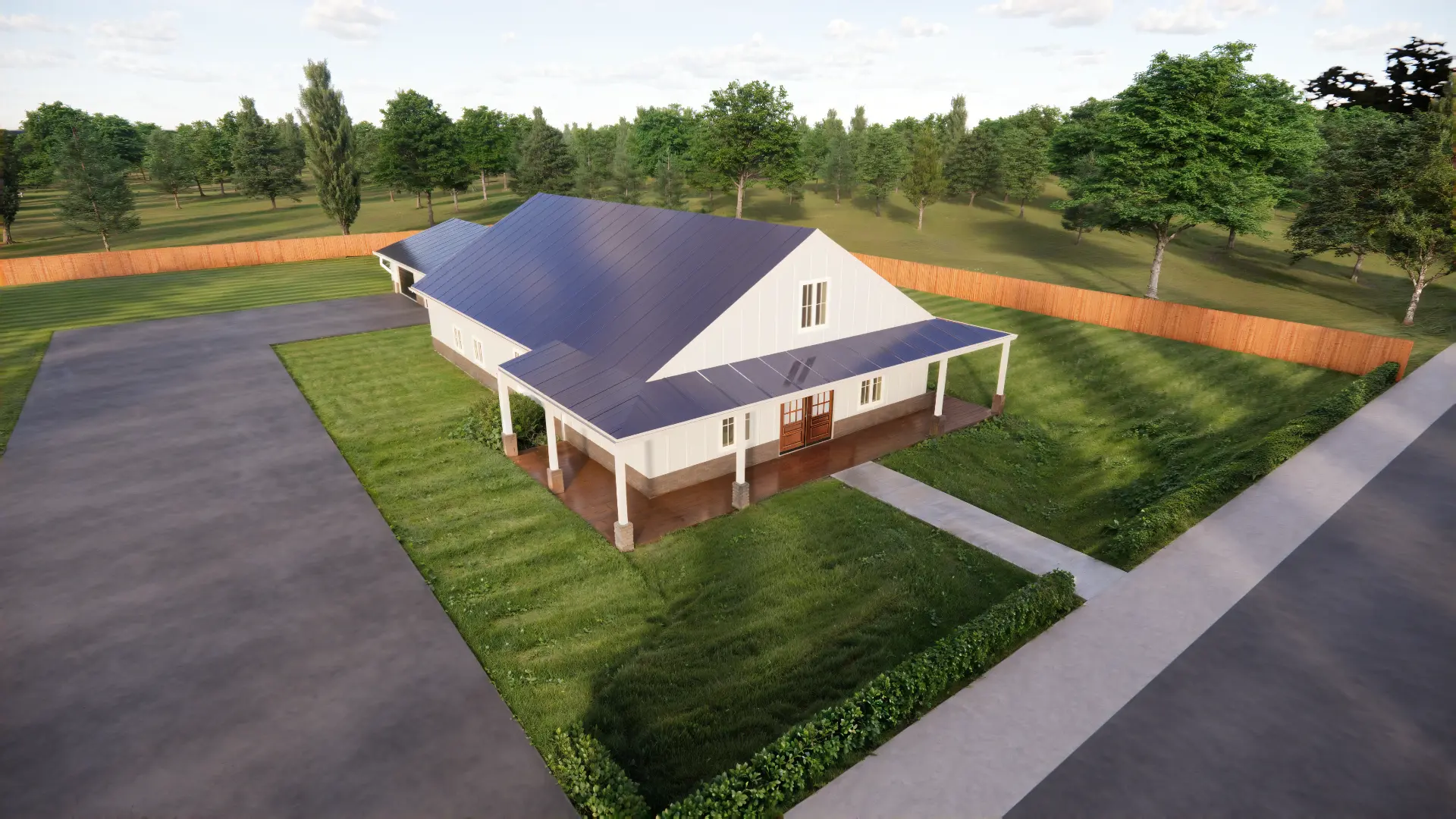 Aerial rendering of the Blanca Peak barndominium and driveway