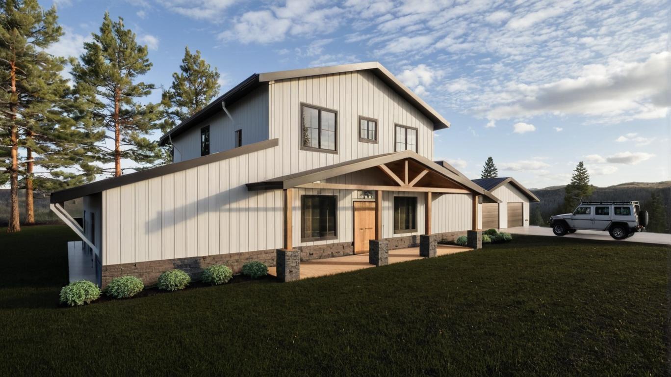 Side-angle rendering of the Capitol Peak barndominium at dusk