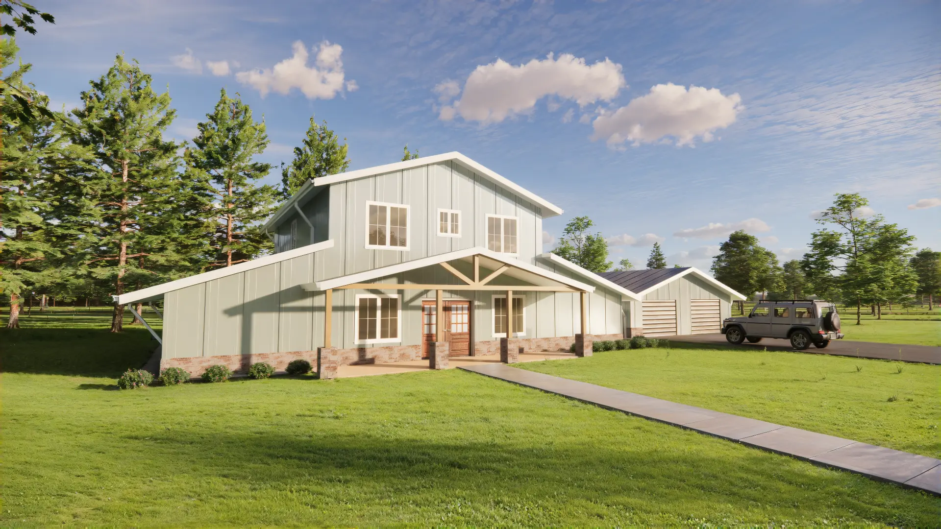 Exterior rendering of the Capitol Peak barndominium design