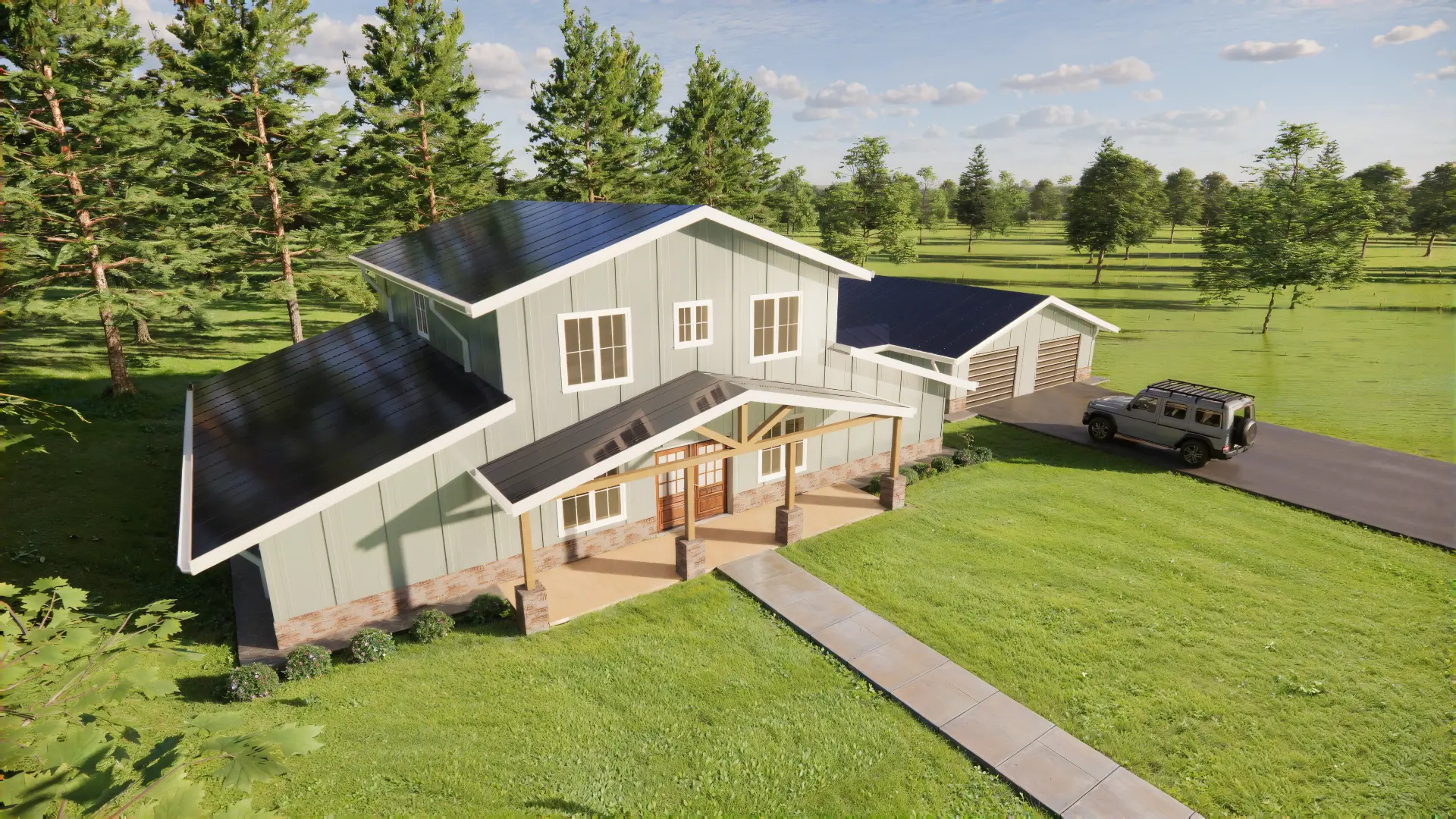 Aerial rendering of the Capitol Peak barndominium and detached garage