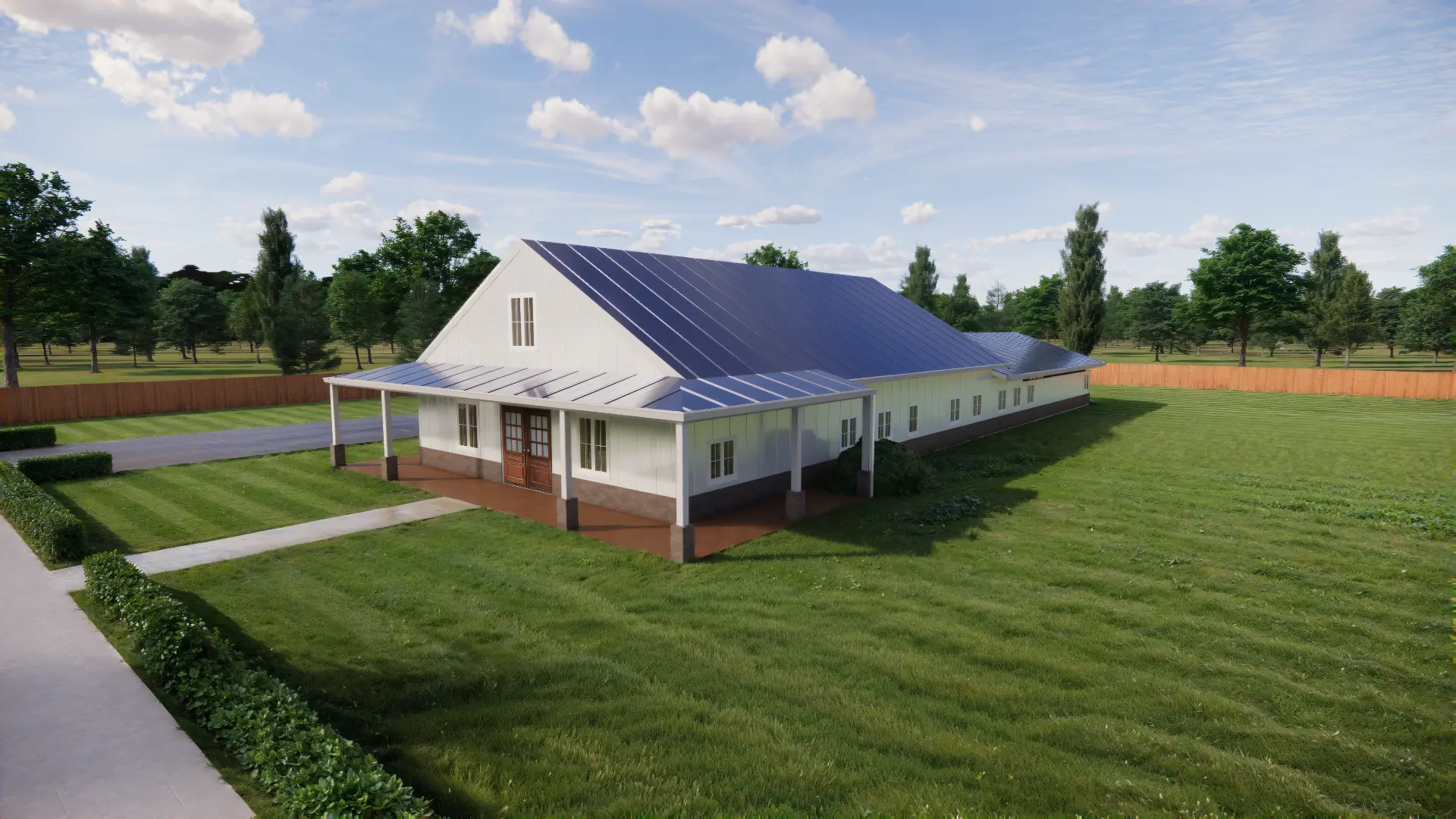 Angled side view rendering of the Blanca Peak barndominium