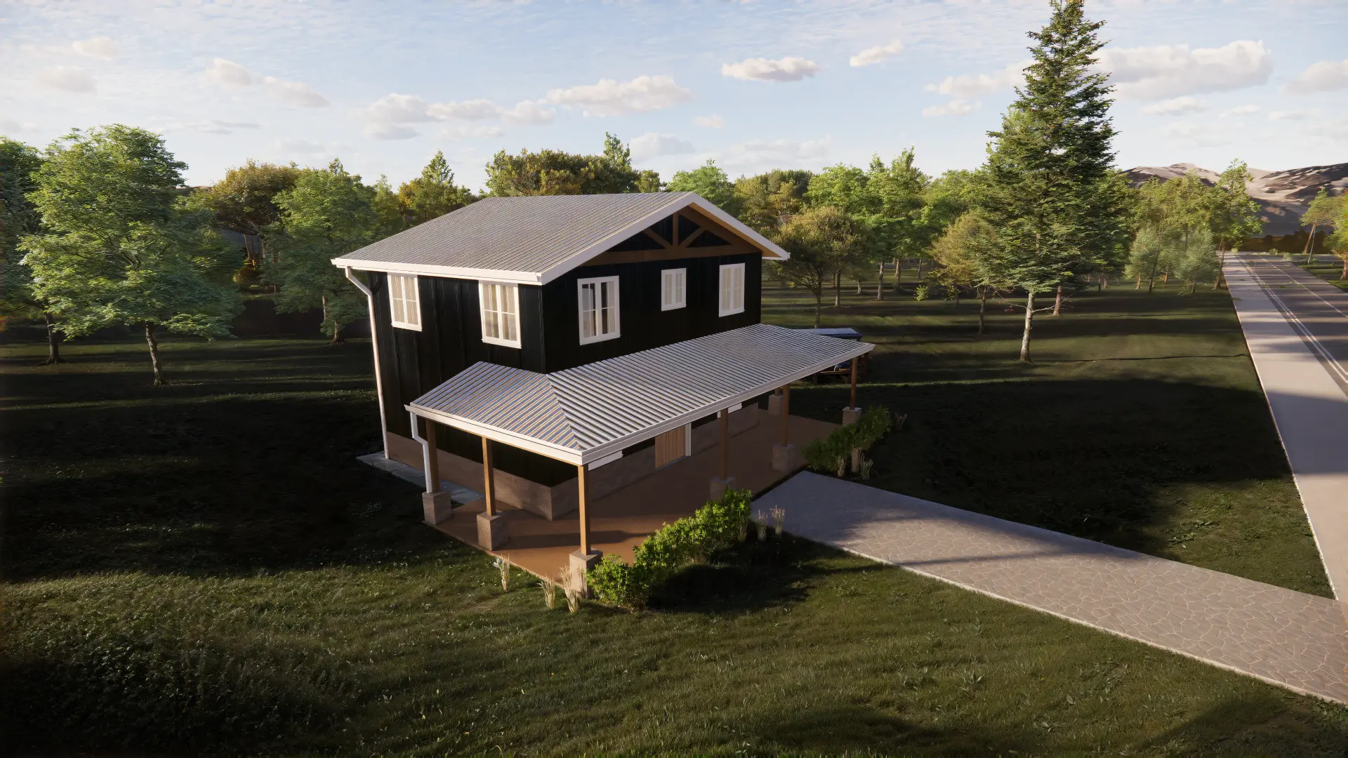 Aerial rear view of the Huron Peak barndominium