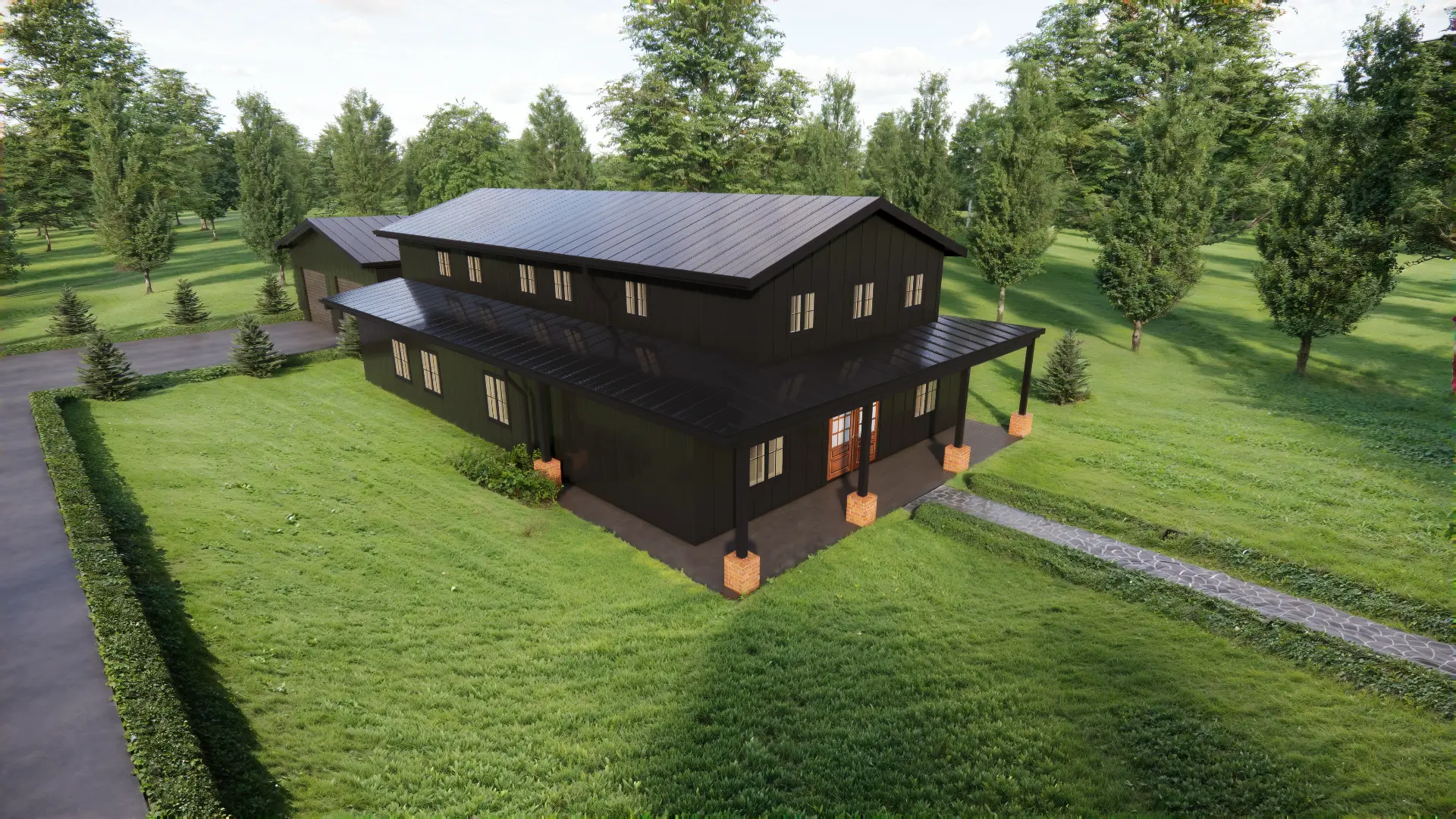 Aerial rendering showing the Crestone Peak barndominium and driveway