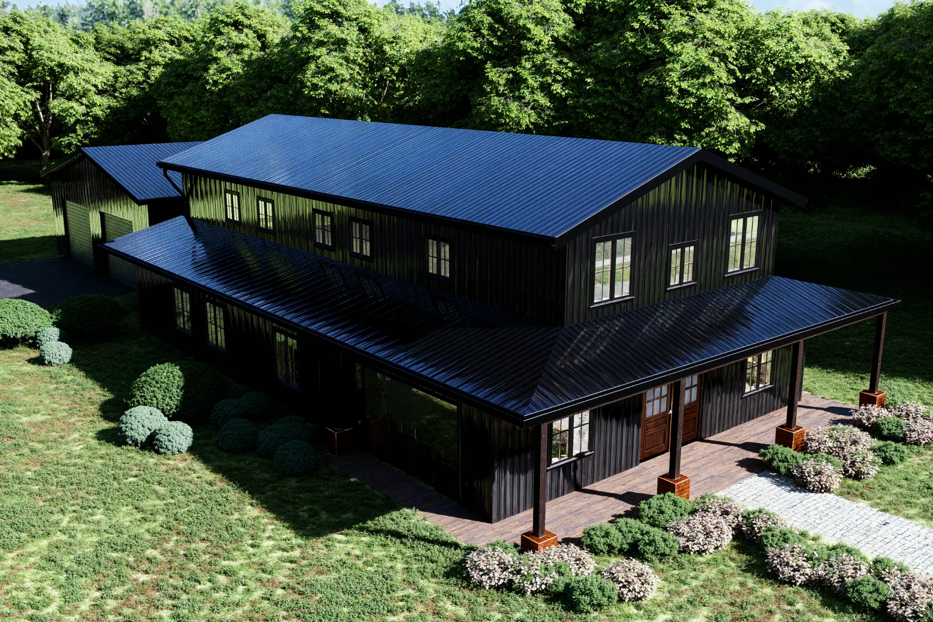 Aerial rendering of the Crestone Peak barndominium and porch