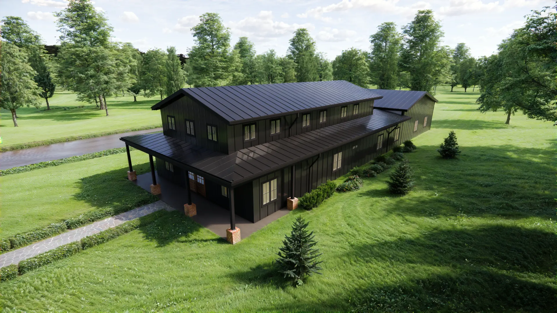 Rear aerial rendering of the Crestone Peak barndominium
