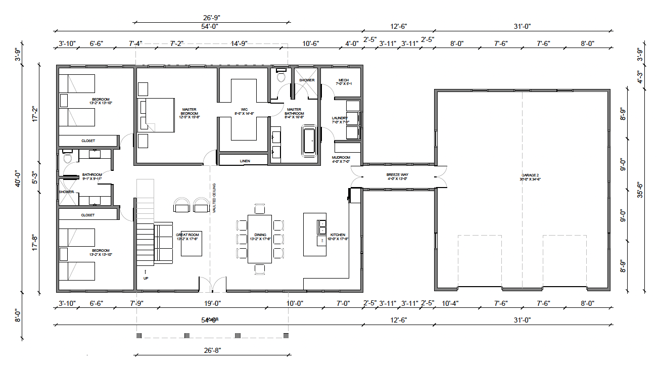 Coordinated barndominium concept floor plan with living space and garage organized together