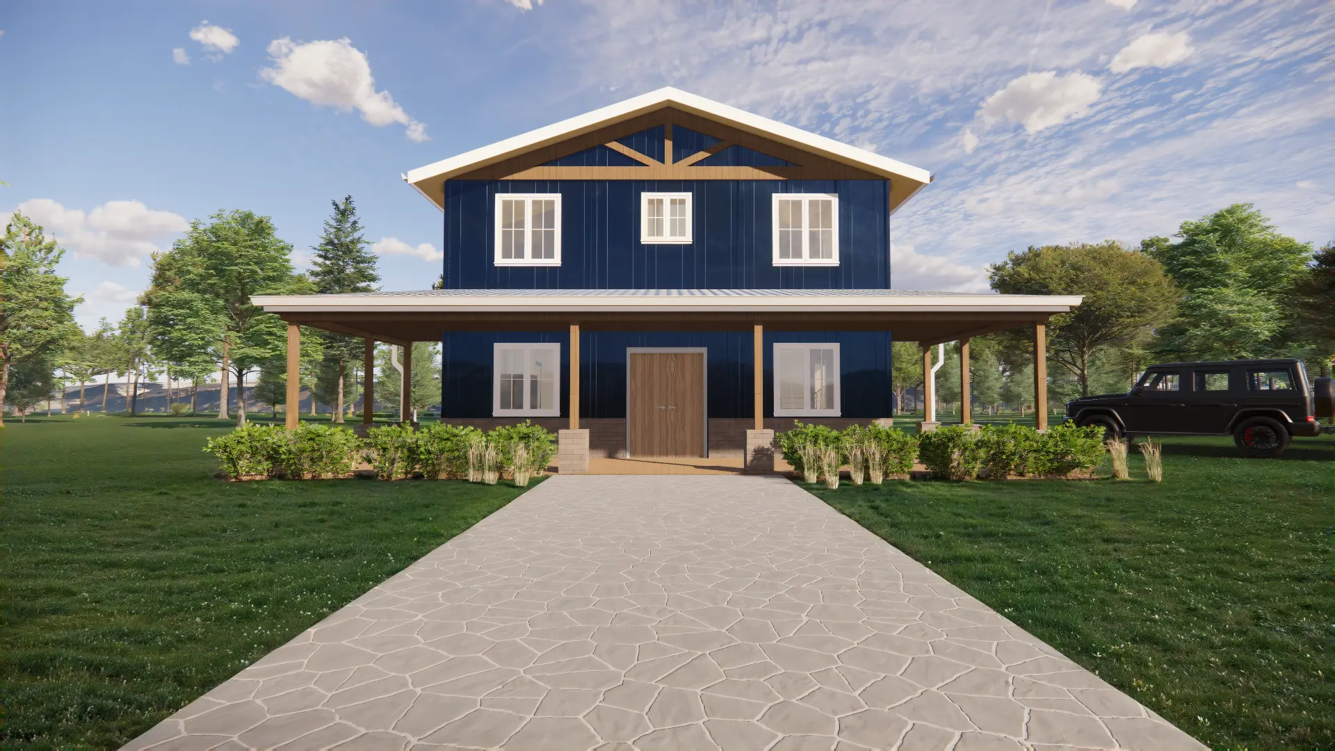 Exterior rendering concept for the Huron Peak barndominium plan