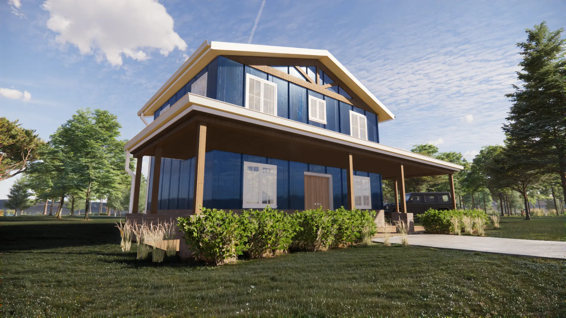 Angled view of the Huron Peak barndominium and covered porch